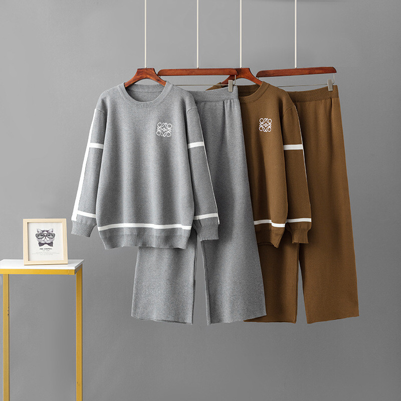 Moodne villane komplekt naistele 2024, uus kontrastset värvi kootud topp, laia säärega püksid, kaheosaline silmkoeline villane riiete komplekt