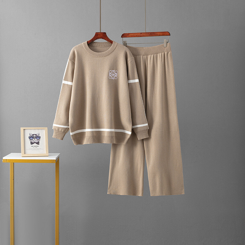 Moodne villane komplekt naistele 2024, uus kontrastset värvi kootud topp, laia säärega püksid, kaheosaline silmkoeline villane riiete komplekt