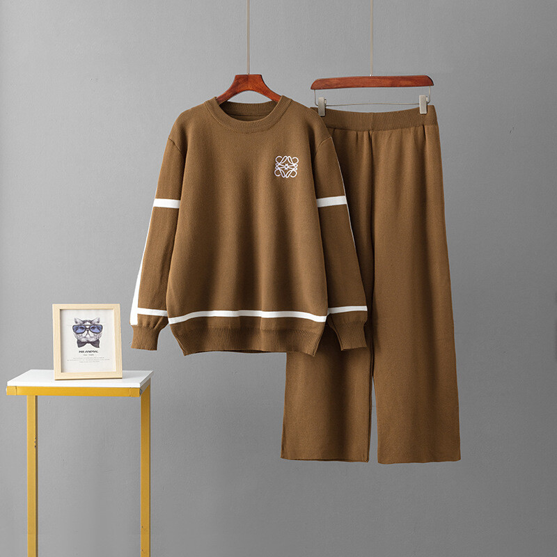 Moodne villane komplekt naistele 2024, uus kontrastset värvi kootud topp, laia säärega püksid, kaheosaline silmkoeline villane riiete komplekt