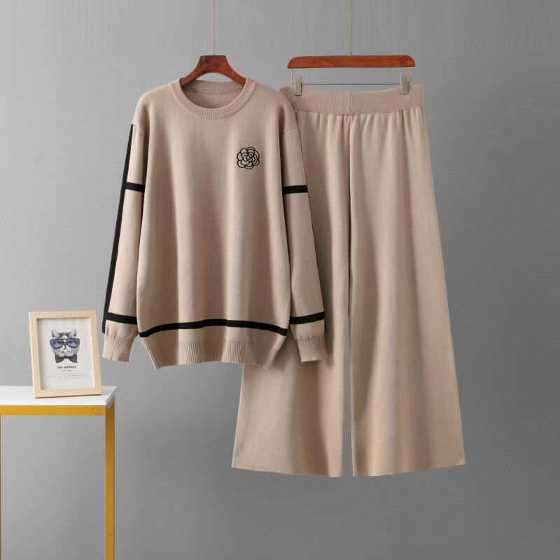 Moodne villane komplekt naistele 2024, uus kontrastset värvi kootud topp, laia säärega püksid, kaheosaline silmkoeline villane riiete komplekt