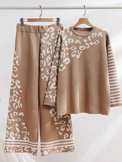 Sügistalv vabaaja 2-osaline kudum naiste komplektid O-kaelusega pikkade varrukatega kudumid kampsuntopid ülikonnad vabaaja kõrge vöökohaga dressipüksid riietus