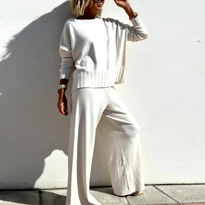 Зимен плетен комплект от две части с дълъг ръкав Дамски моден горен пуловер с кръгло деколте и дълъг панталон Есенни пуловери с плътни ребра