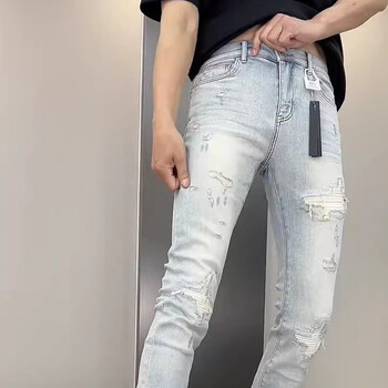 Άνοιξη 2024 New Ripped Hole Ανδρικό παντελόνι Washing Light Blue Hip Hop Slim Fit Ανδρικό παντελόνι High Street Blue beggar τζιν