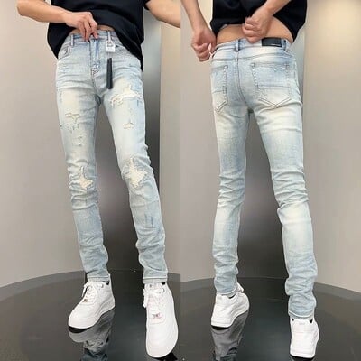 2024 de primăvară New Ripped Hole Denim Pantaloni bărbați Spălare albastru deschis Hip Hop Pantaloni slim pentru bărbați High Street Blue cerșetor Blugi