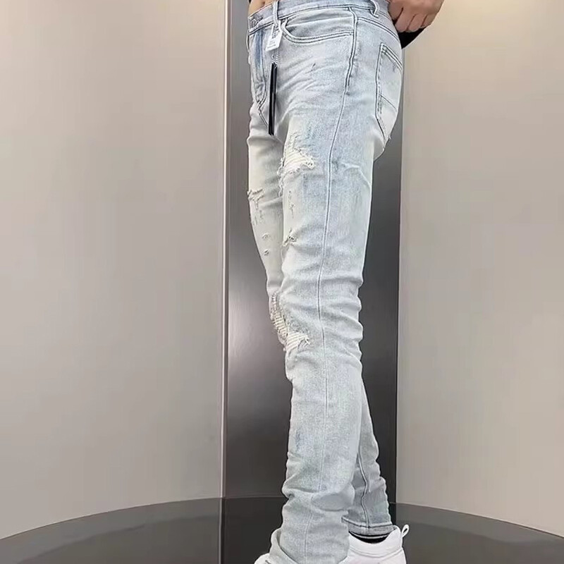 2024. gada pavasaris Jauns Ripped Hole Džinsu Vīriešu Bikses Mazgāšana Gaiši Zilas Hip Hop Slim Fit Vīriešu Bikses High Street Blue ubaga džinsi