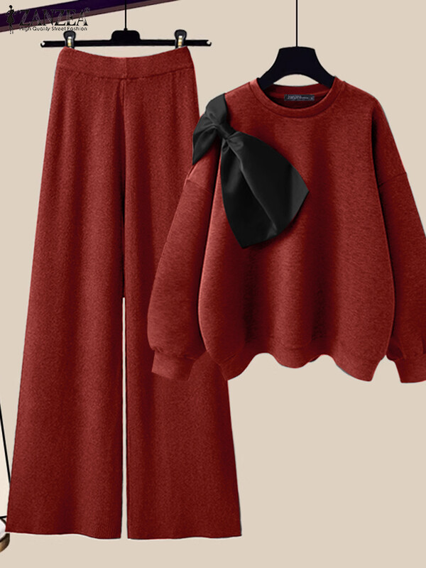 ZANZEA Sieviešu 2GAB bikšu komplekti Modes tauriņš ar izšūtu puloveru tērpi rudens platas kājas garu bikšu uzvalks ikdienas džemperu komplekti