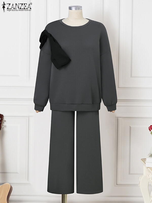 ZANZEA Sieviešu 2GAB bikšu komplekti Modes tauriņš ar izšūtu puloveru tērpi rudens platas kājas garu bikšu uzvalks ikdienas džemperu komplekti