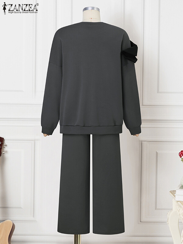 ZANZEA Sieviešu 2GAB bikšu komplekti Modes tauriņš ar izšūtu puloveru tērpi rudens platas kājas garu bikšu uzvalks ikdienas džemperu komplekti