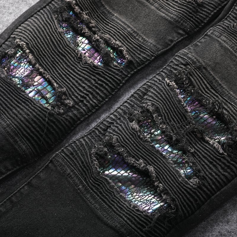 Melni perforēti krāsu skalas džinsi vīriešiem, 2024. gada vasaras jauni elastīgi slim fit maza pēda plānas ikdienas elastīgas korejiešu versijas džinsi