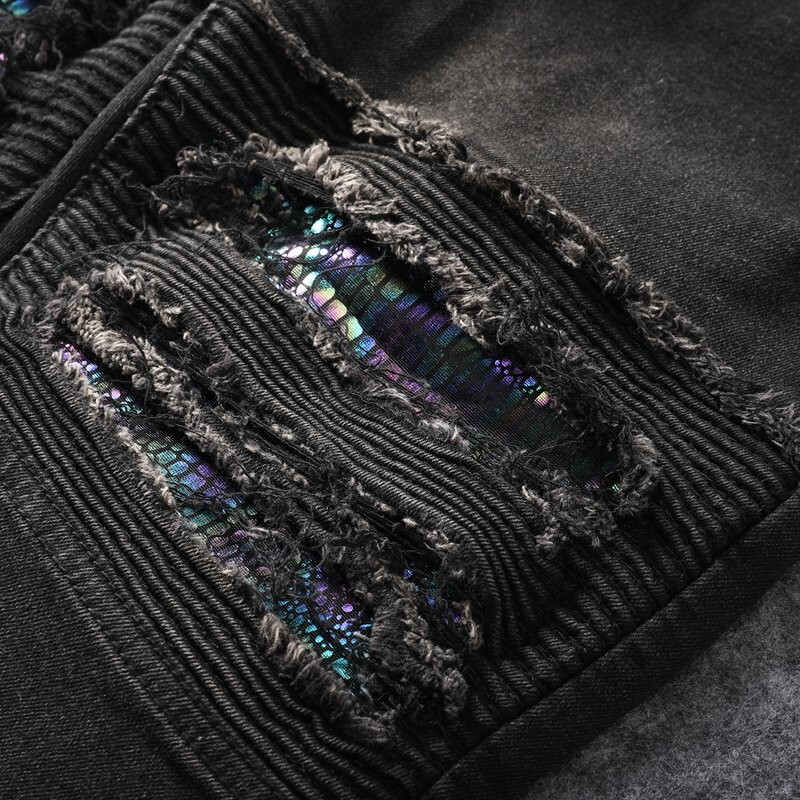 Melni perforēti krāsu skalas džinsi vīriešiem, 2024. gada vasaras jauni elastīgi slim fit maza pēda plānas ikdienas elastīgas korejiešu versijas džinsi