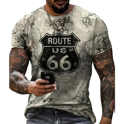 Retro America Route 66 3D Printed Vīriešu T-krekli Vintage brīvi vīriešu apģērbi Vasaras apaļa kakla ar īsām piedurknēm unisex topi T-krekli 4XL