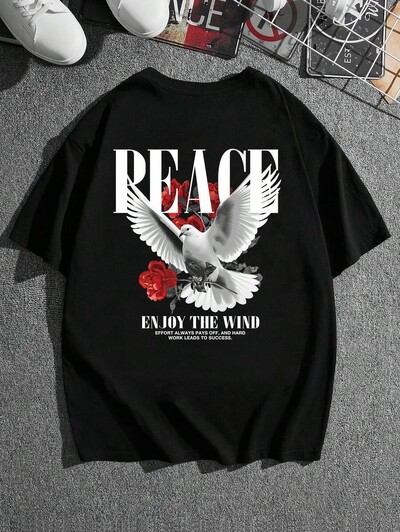 Peace Pigeon Rose Vīrieši Sievietēm Unisex Kokvilnas T-krekls Luksusa zīmola Rap Liela izmēra Tops ar īsām piedurknēm Klasisks ielu apģērbs Atpakaļ Drukāt T-kreklu