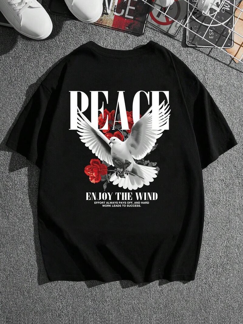 Peace Pigeon Rose Vīrieši Sievietēm Unisex Kokvilnas T-krekls Luksusa zīmola Rap Liela izmēra Tops ar īsām piedurknēm Klasisks ielu apģērbs Atpakaļ Drukāt T-kreklu