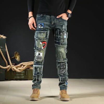 Pantaloni de cowboy slim fit pentru bărbați, cu grafică, blugi kaki, pantaloni pentru bărbați, moda coreeană, îmbrăcăminte de stradă din anii 90, tendință obișnuită 2024