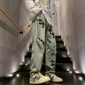 Amerikāņu stila, taisnu kāju brīvi pieguļoši džinsi Hip Hop Moderni zīmola krustdūriena raibs džinsu bikses vīriešiem un sievietēm