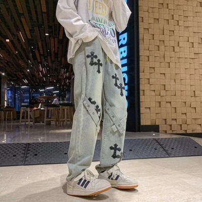 Amerikāņu stila, taisnu kāju brīvi pieguļoši džinsi Hip Hop Moderni zīmola krustdūriena raibs džinsu bikses vīriešiem un sievietēm