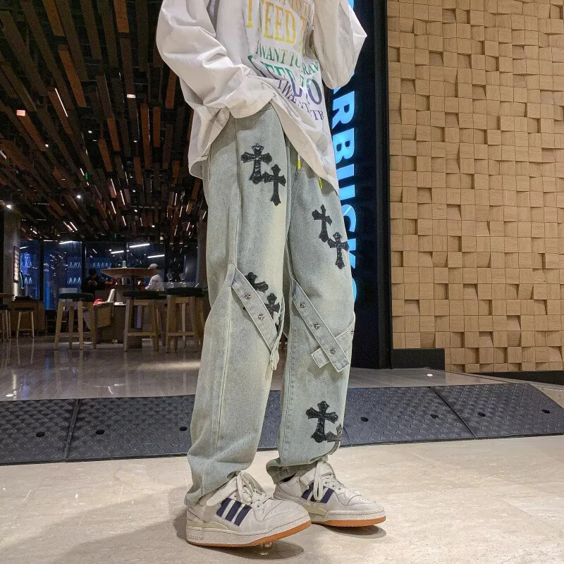 Amerikāņu stila, taisnu kāju brīvi pieguļoši džinsi Hip Hop Moderni zīmola krustdūriena raibs džinsu bikses vīriešiem un sievietēm