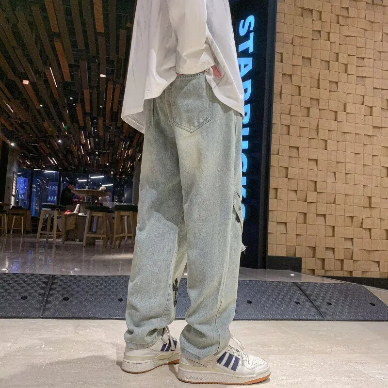 Amerikāņu stila, taisnu kāju brīvi pieguļoši džinsi Hip Hop Moderni zīmola krustdūriena raibs džinsu bikses vīriešiem un sievietēm