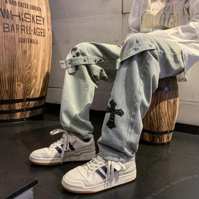 Amerikāņu stila, taisnu kāju brīvi pieguļoši džinsi Hip Hop Moderni zīmola krustdūriena raibs džinsu bikses vīriešiem un sievietēm