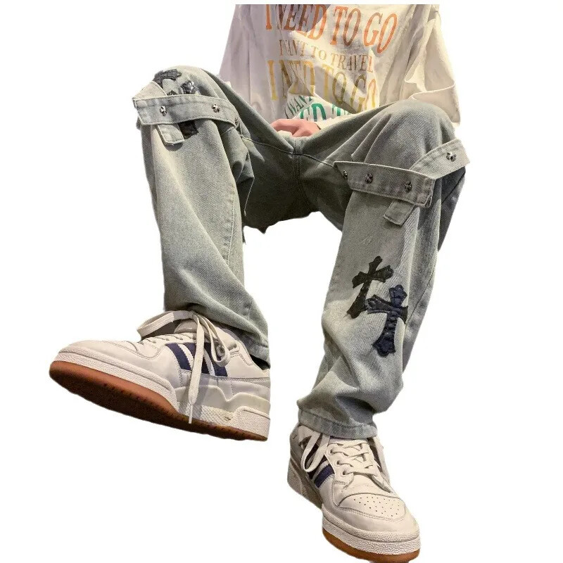 Amerikāņu stila, taisnu kāju brīvi pieguļoši džinsi Hip Hop Moderni zīmola krustdūriena raibs džinsu bikses vīriešiem un sievietēm