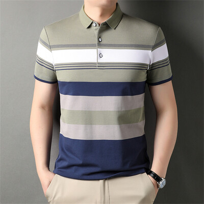 Tippklassi lõngaga värvitud protsessi vabaaja luksuslik polosärk meestele suvine triibuline lühikeste varrukatega mood Topid Meeste riided Suvised