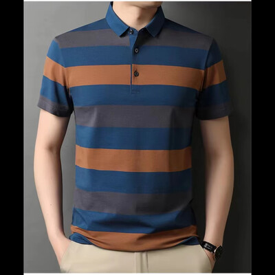Tippklassi lõngaga värvitud protsessi vabaaja luksuslik polosärk meestele suvine triibuline lühikeste varrukatega mood Topid Meeste riided Suvised