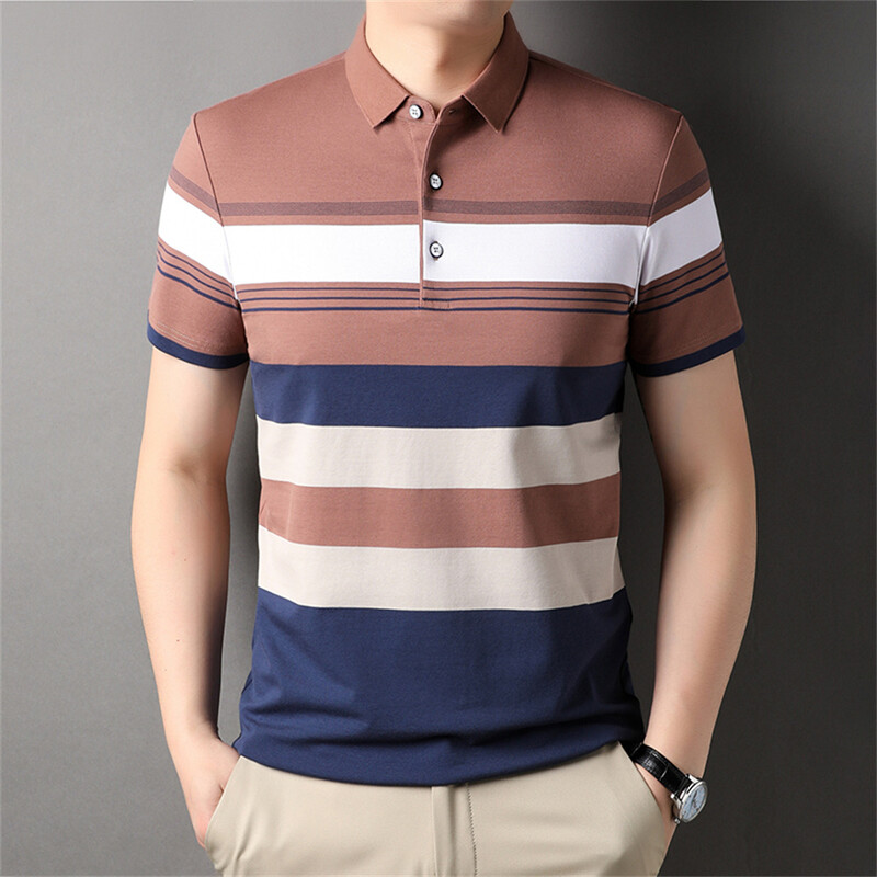 Tippklassi lõngaga värvitud protsessi vabaaja luksuslik polosärk meestele suvine triibuline lühikeste varrukatega mood Topid Meeste riided Suvised