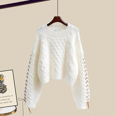 Sieviešu trikotāžas džemperis, 2-daļīgs komplekts, slaidinošs zvaniņš, 2024. gada rudens/ziema jauna stila apģērbs