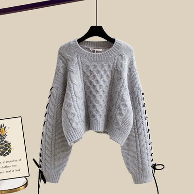 Sieviešu trikotāžas džemperis, 2-daļīgs komplekts, slaidinošs zvaniņš, 2024. gada rudens/ziema jauna stila apģērbs