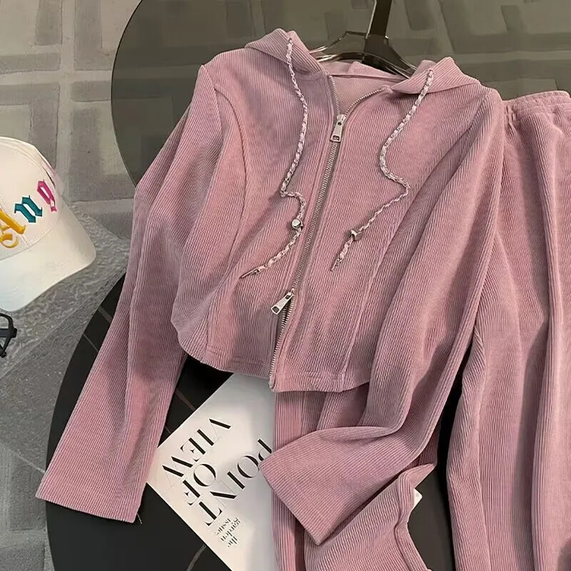 Ikdienas rozā sporta apģērba komplekts sievietēm 2024. gada rudens jauns, brīvas, platas bikses divdaļīgs, ērts agrā rudens apģērbs