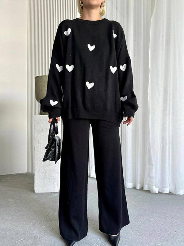 Ikdienas trikotāžas džemperis, garas bikses, sieviešu komplekts, brīvs mīlestības apdrukas džemperis Džemperi ar augstu vidukli Bikšu komplekti Sieviešu šiki tērpi