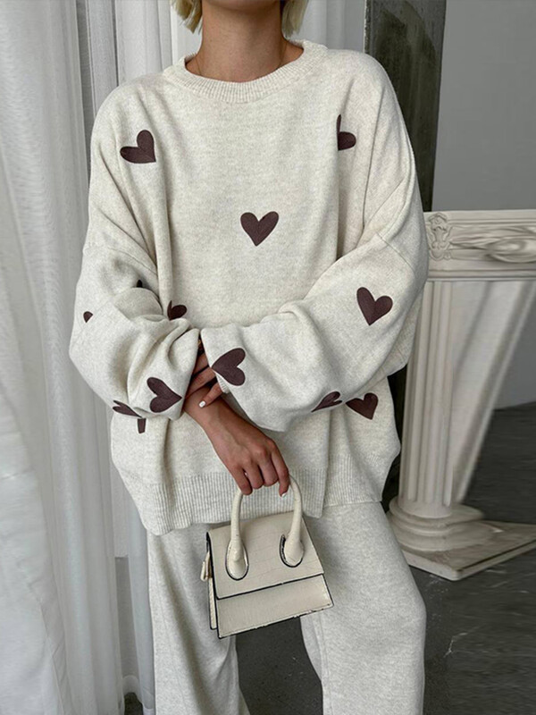 Ikdienas trikotāžas džemperis, garas bikses, sieviešu komplekts, brīvs mīlestības apdrukas džemperis Džemperi ar augstu vidukli Bikšu komplekti Sieviešu šiki tērpi