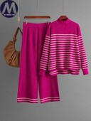 Divdaļīgi komplekti Sieviešu apģērbs rudens ziemas svītrains, pusaugsts kakla trikotāžas džemperis, kostīmi, ikdienišķi, brīvi un plati bikses komplekti