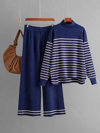 Divdaļīgi komplekti Sieviešu apģērbs rudens ziemas svītrains, pusaugsts kakla trikotāžas džemperis, kostīmi, ikdienišķi, brīvi un plati bikses komplekti