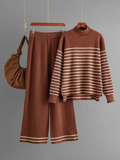 Divdaļīgi komplekti Sieviešu apģērbs rudens ziemas svītrains, pusaugsts kakla trikotāžas džemperis, kostīmi, ikdienišķi, brīvi un plati bikses komplekti