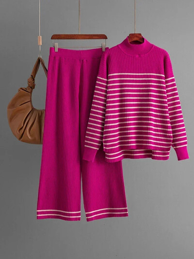 Divdaļīgi komplekti Sieviešu apģērbs rudens ziemas svītrains, pusaugsts kakla trikotāžas džemperis, kostīmi, ikdienišķi, brīvi un plati bikses komplekti