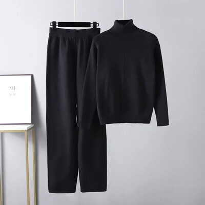 Rudens ziemas trikotāžas džemperu komplekts Sieviešu treniņtērps ciets pusaugsts apkakles džemperis elastīgas bikses uzvalki trikotāžas divdaļīgs komplekts