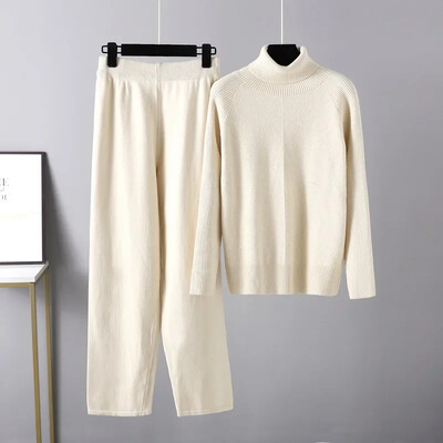 Rudens ziemas trikotāžas džemperu komplekts Sieviešu treniņtērps ciets pusaugsts apkakles džemperis elastīgas bikses uzvalki trikotāžas divdaļīgs komplekts