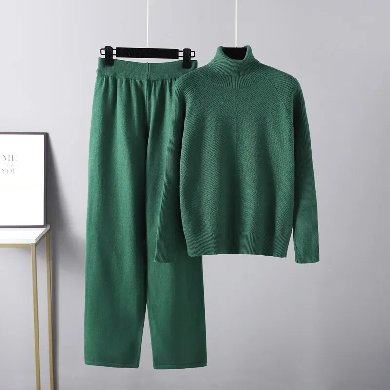 Rudens ziemas trikotāžas džemperu komplekts Sieviešu treniņtērps ciets pusaugsts apkakles džemperis elastīgas bikses uzvalki trikotāžas divdaļīgs komplekts