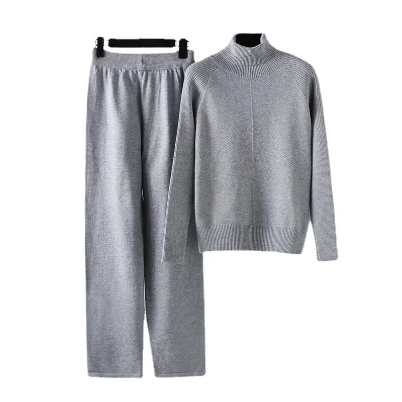 Rudens ziemas trikotāžas džemperu komplekts Sieviešu treniņtērps ciets pusaugsts apkakles džemperis elastīgas bikses uzvalki trikotāžas divdaļīgs komplekts