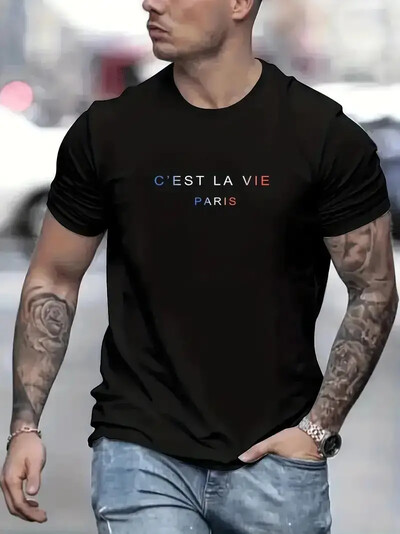 "C`est La Vie" trükitud T-särk, suvine meeste vabaaja tänavastiilis Stretch Crew Neck puuvillane T-särk