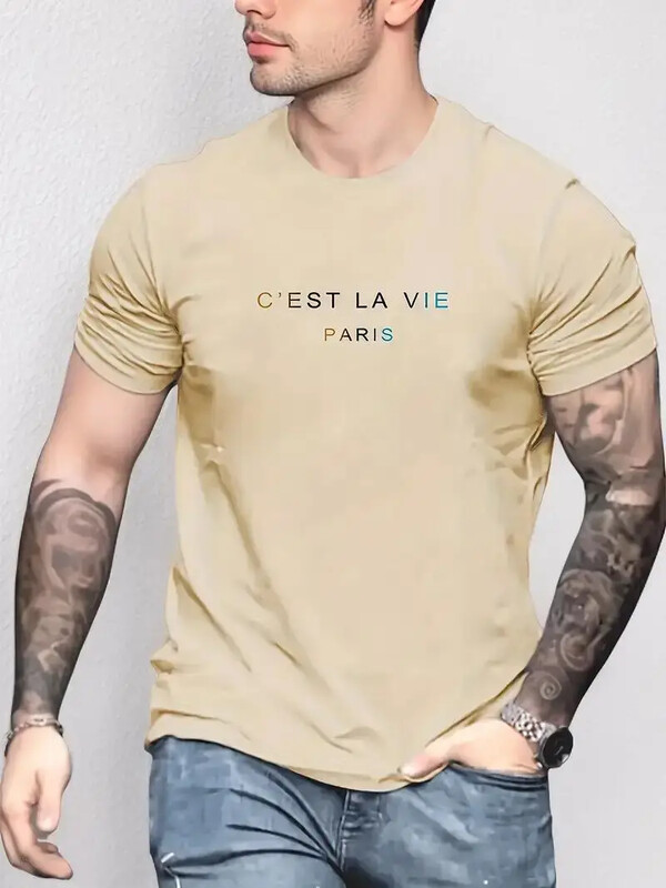 Тениска с щампи "C'est La Vie", лятна мъжка ежедневна памучна тениска с еластично деколте и уличен стил