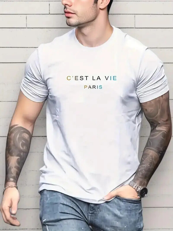 Тениска с щампи "C'est La Vie", лятна мъжка ежедневна памучна тениска с еластично деколте и уличен стил