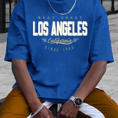 Suvised meeste 100% puuvillased mugavad vabaaja pluss suuruses LOS ANGELES trükiga sportlik ümara kaelusega lühikeste varrukatega T-särgi topp