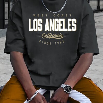 Suvised meeste 100% puuvillased mugavad vabaaja pluss suuruses LOS ANGELES trükiga sportlik ümara kaelusega lühikeste varrukatega T-särgi topp