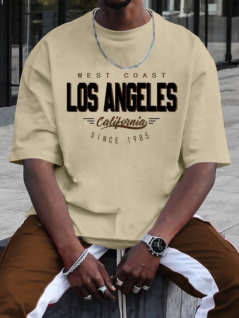 Suvised meeste 100% puuvillased mugavad vabaaja pluss suuruses LOS ANGELES trükiga sportlik ümara kaelusega lühikeste varrukatega T-särgi topp