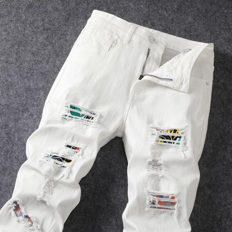 Бели скъсани дънки мъжки 2024 горещ пролет и лято тънки дънки мъжки панталони с прави крачоли мъжки еластични дънкови скъсани панталони