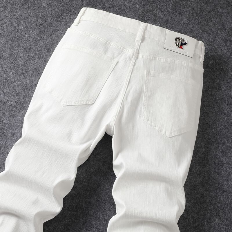 Бели скъсани дънки мъжки 2024 горещ пролет и лято тънки дънки мъжки панталони с прави крачоли мъжки еластични дънкови скъсани панталони
