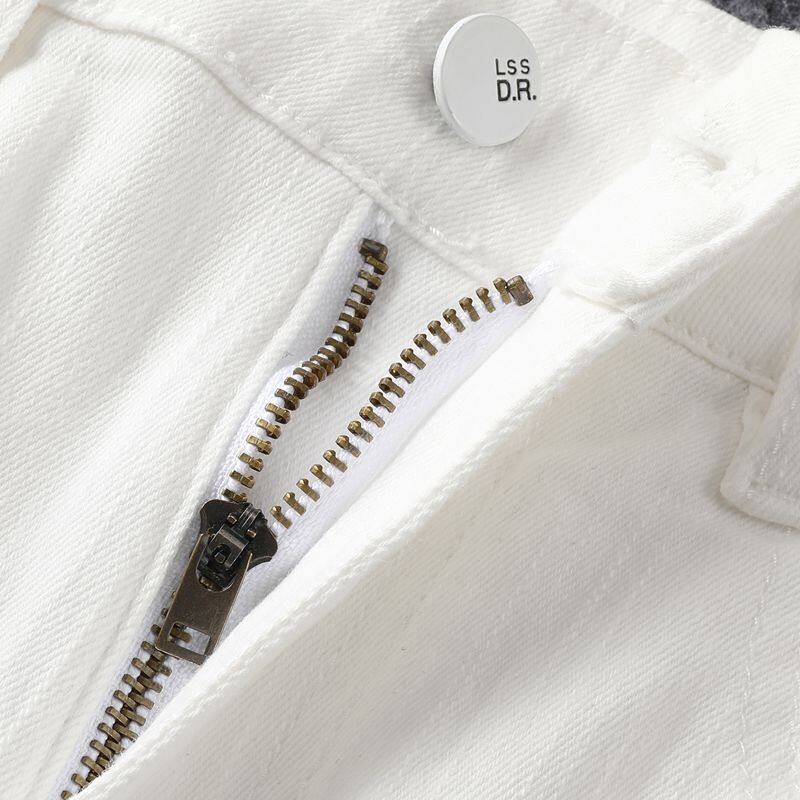 Бели скъсани дънки мъжки 2024 горещ пролет и лято тънки дънки мъжки панталони с прави крачоли мъжки еластични дънкови скъсани панталони