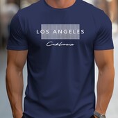 Vīriešu vasaras brīvs piegriezums, liels Losandželosas grafiski apdrukāts slaids ikdienišķs sporta krekls ar apaļu apkakli ar īsām piedurknēm